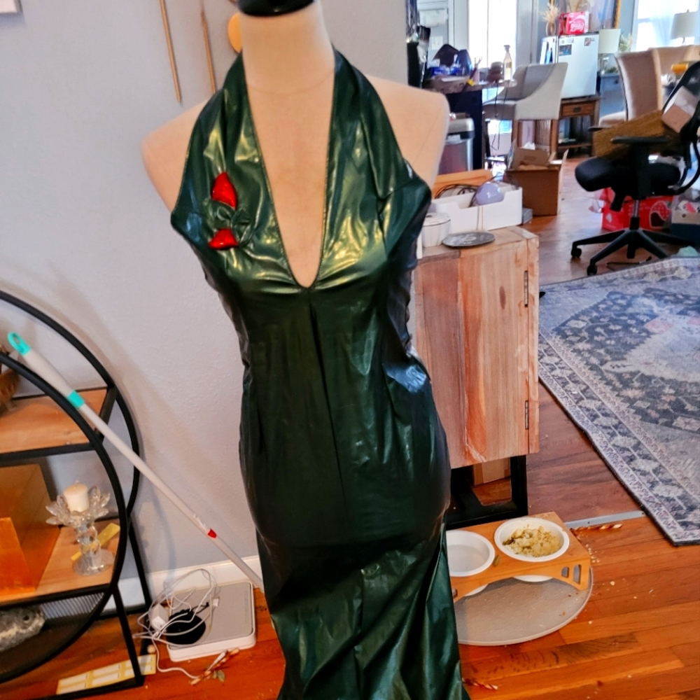 Custom Made Green Metallic Vinyl Dress Rose Accents